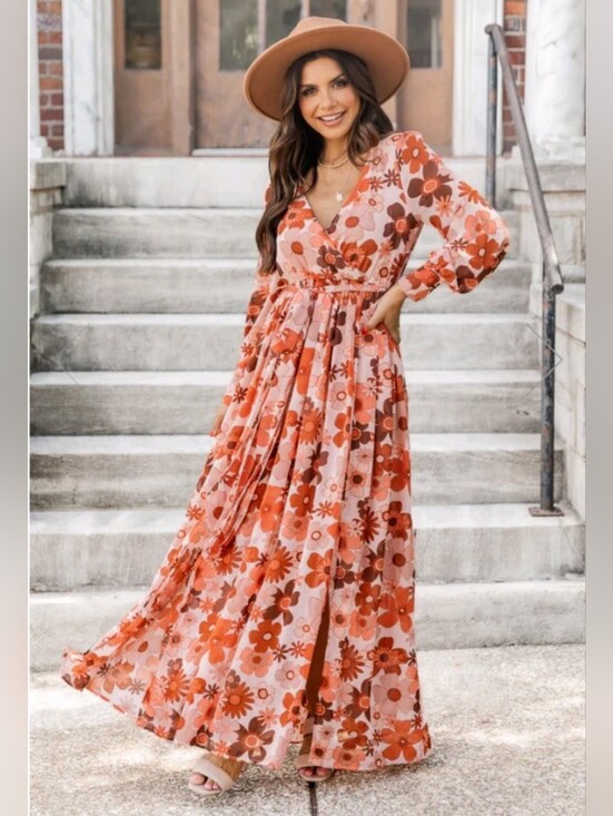 Pink Lily Dresses & Skirts - Retro Floral Boho Maxi Dress Long Sleeve Wrap Tie Waist - NWOT - Large